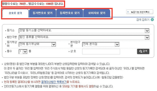법인등기 발급 검색 조건 선택 화면