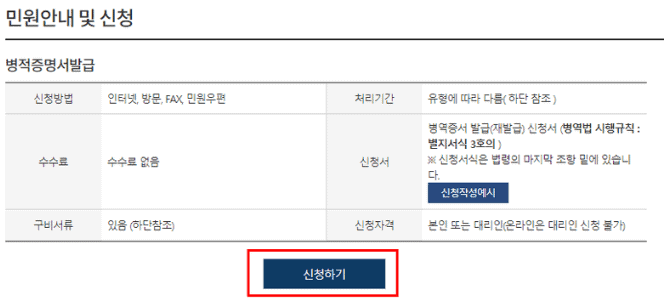 병적증명서 민원 안내 및 신청 화면