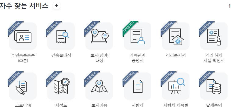 정부24 자주 찾는 서비스 목록의 가족관계증명서 항목