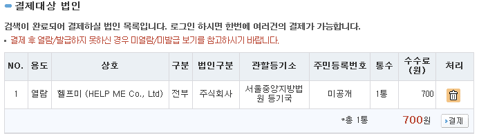 등기사항증명서 열람 수수료 결제 화면